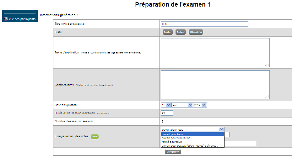 Page de configuration d'un examen