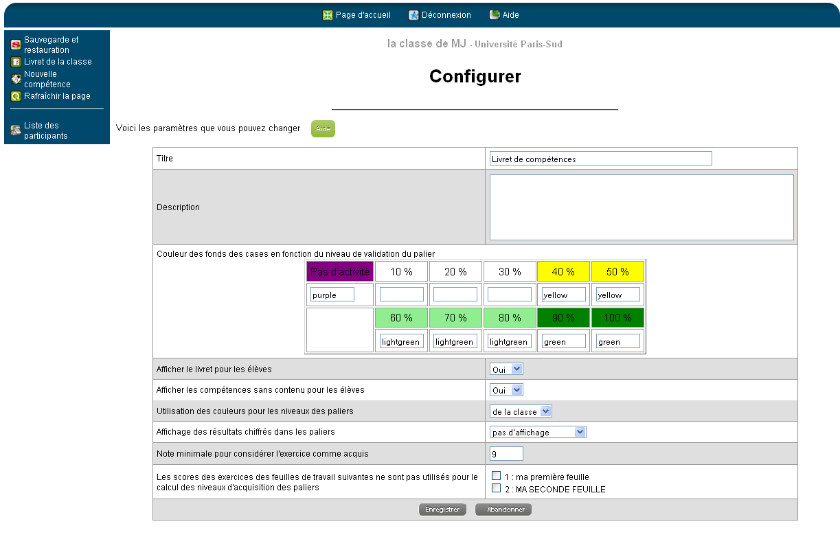 Page de configuration du livret